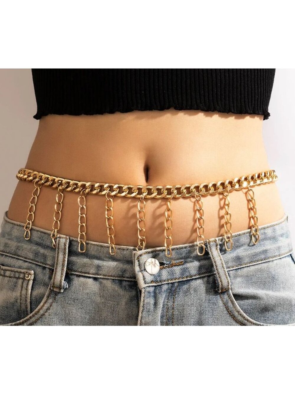Gold Chain Waist Belt With Dangling Links - Adjustable